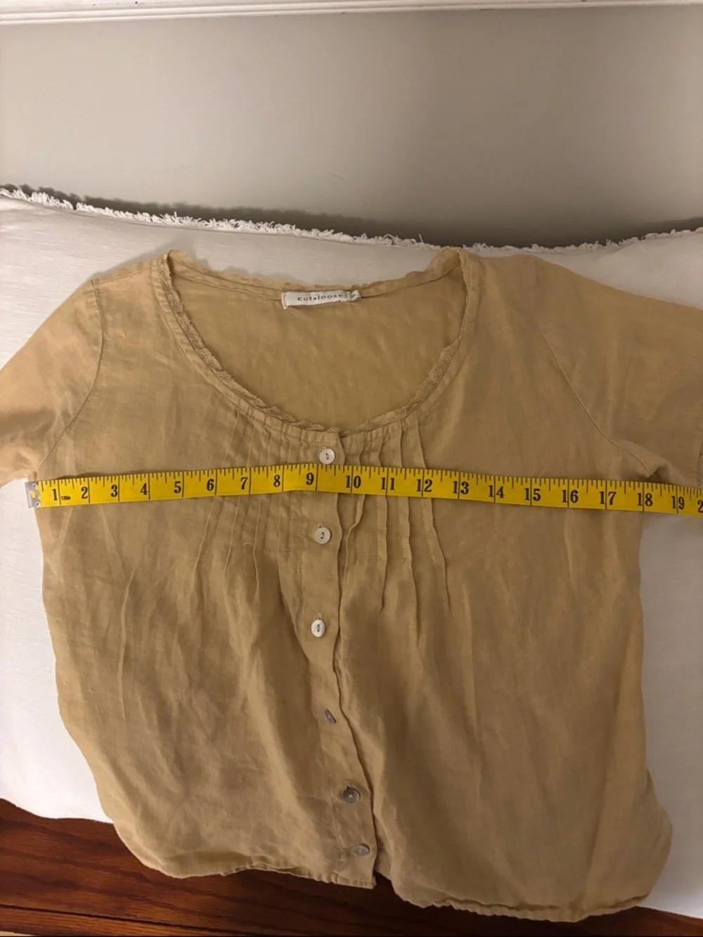 Cut loose line scoop neck button front blouse short sleeve boho yellow beige - Picture 7 of 8